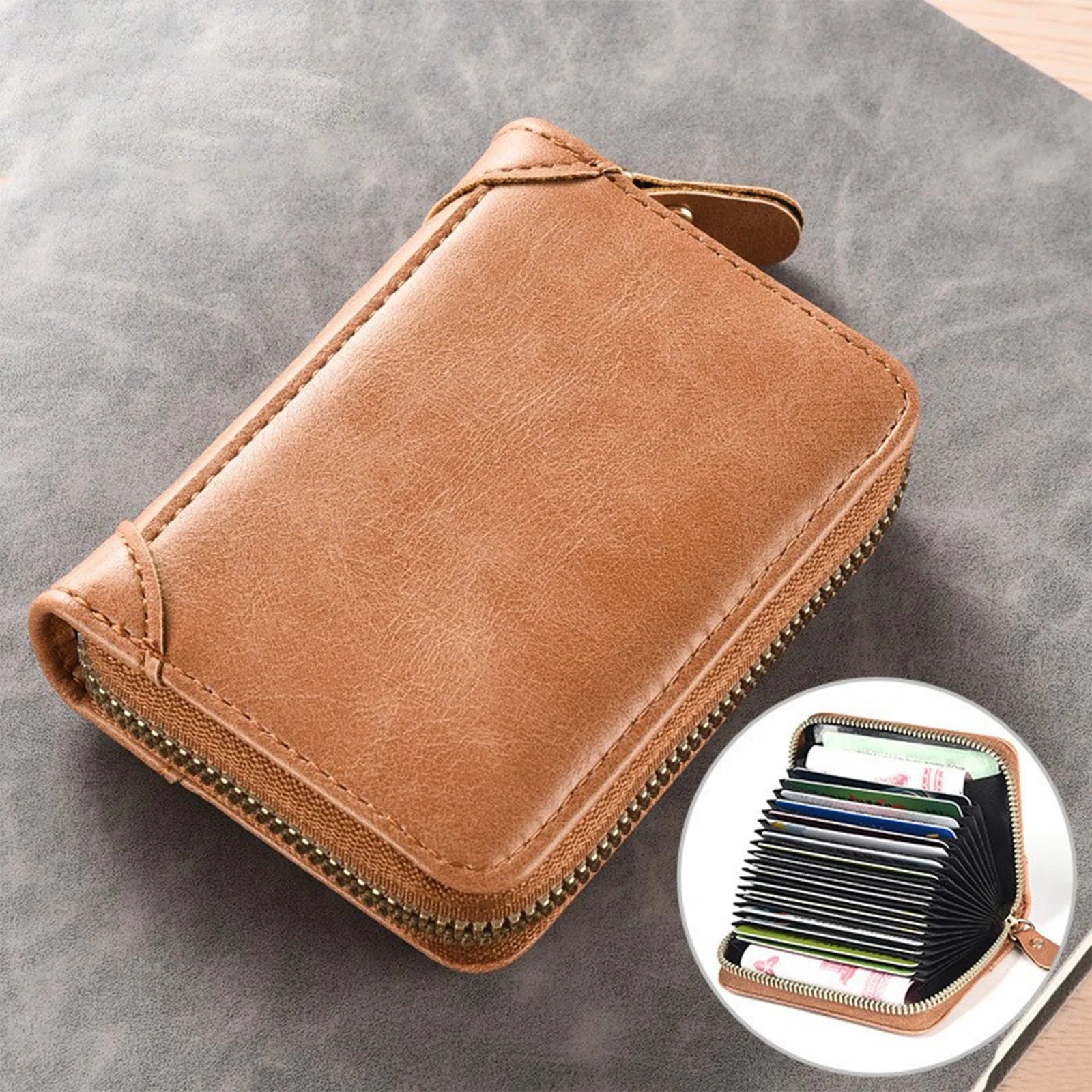 Leather Credit Card Holder Wallet RFID Blocking Secure Card Case ID Case Organizer Zipper Wallet,Zipper Card Cases Holder for Women Man Khaki