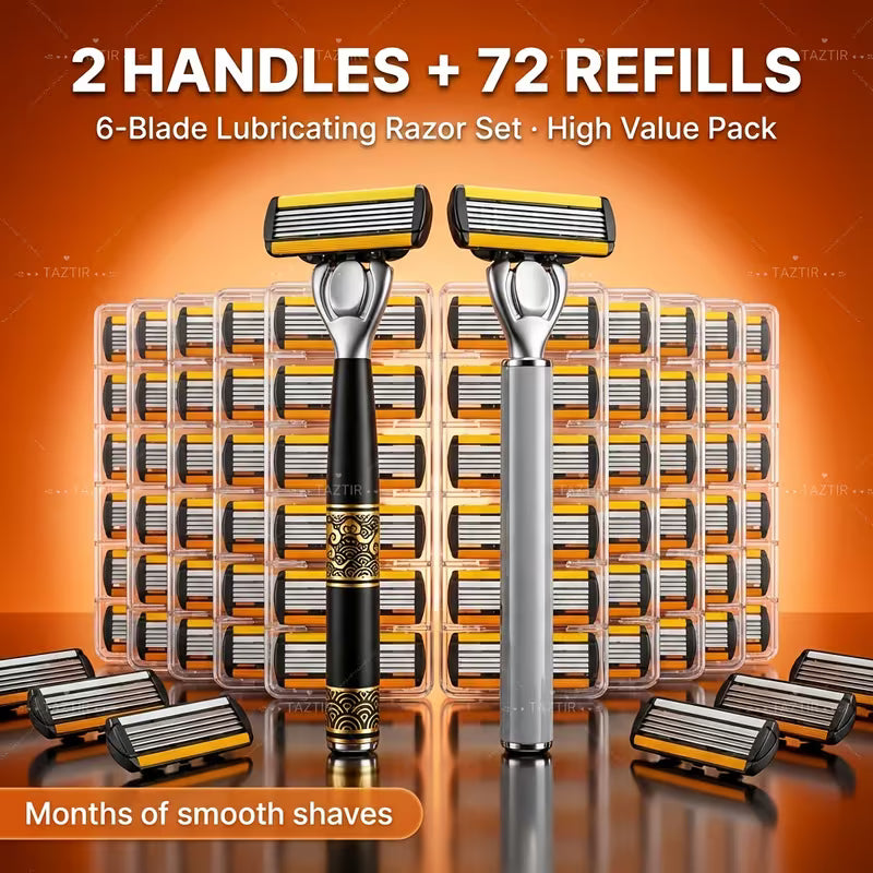 Men’s 6-Blade Precision Luxury Razor Set [2 Handles + 72 Blade Refills] – Ultra-Smooth Shaving & Grooming Kit