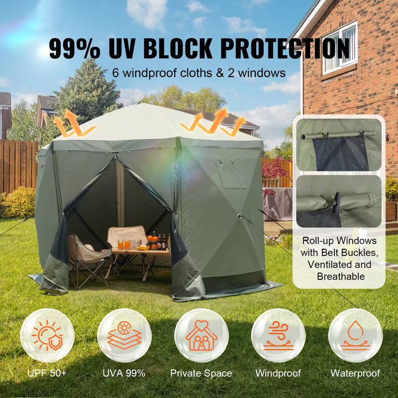 UCB "Aura Haven" 6-Sided Pop-Up Gazebo Screen Tent with 6 Privacy Wind Cloths & Mosquito Netting (10x10ft / 12.5x12.5ft)