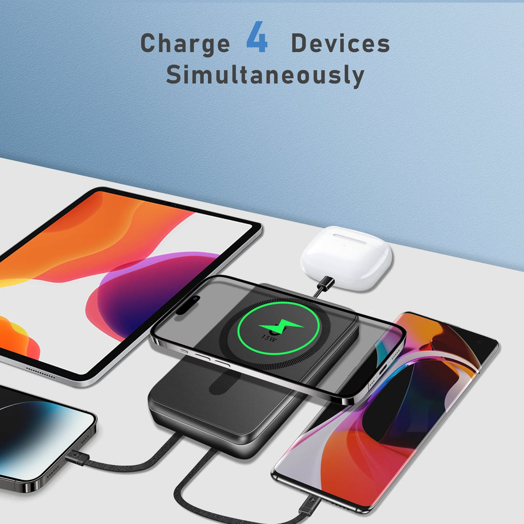Magnetic Portable Charger, 10000Mah Power Bank with Built in USB-C & Lighting Cable, Foldable Stand 22.5W Fast Charging Battery Pack for Iphone 16/15/14/13/12 Series, Black