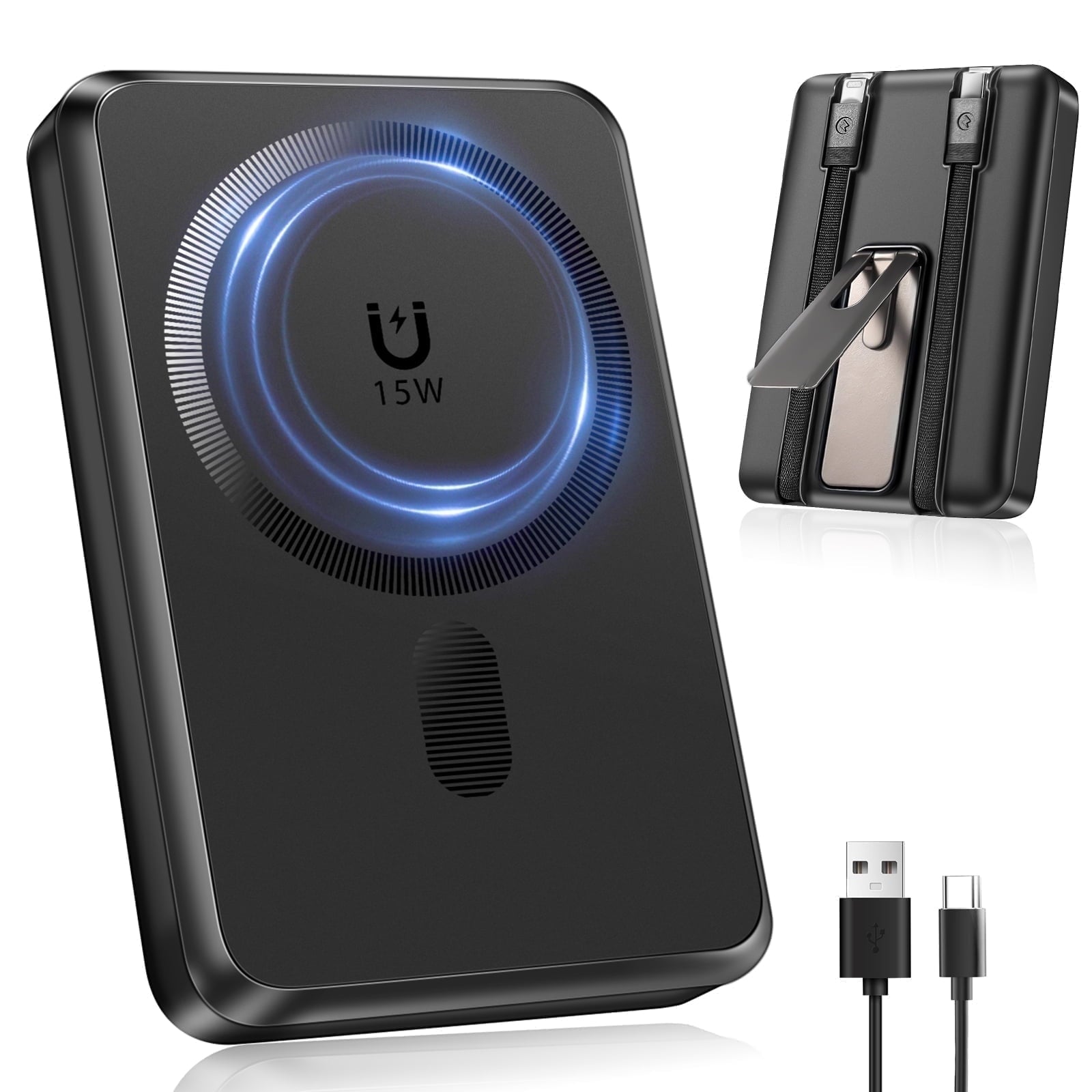 Magnetic Portable Charger, 10000Mah Power Bank with Built in USB-C & Lighting Cable, Foldable Stand 22.5W Fast Charging Battery Pack for Iphone 16/15/14/13/12 Series, Black