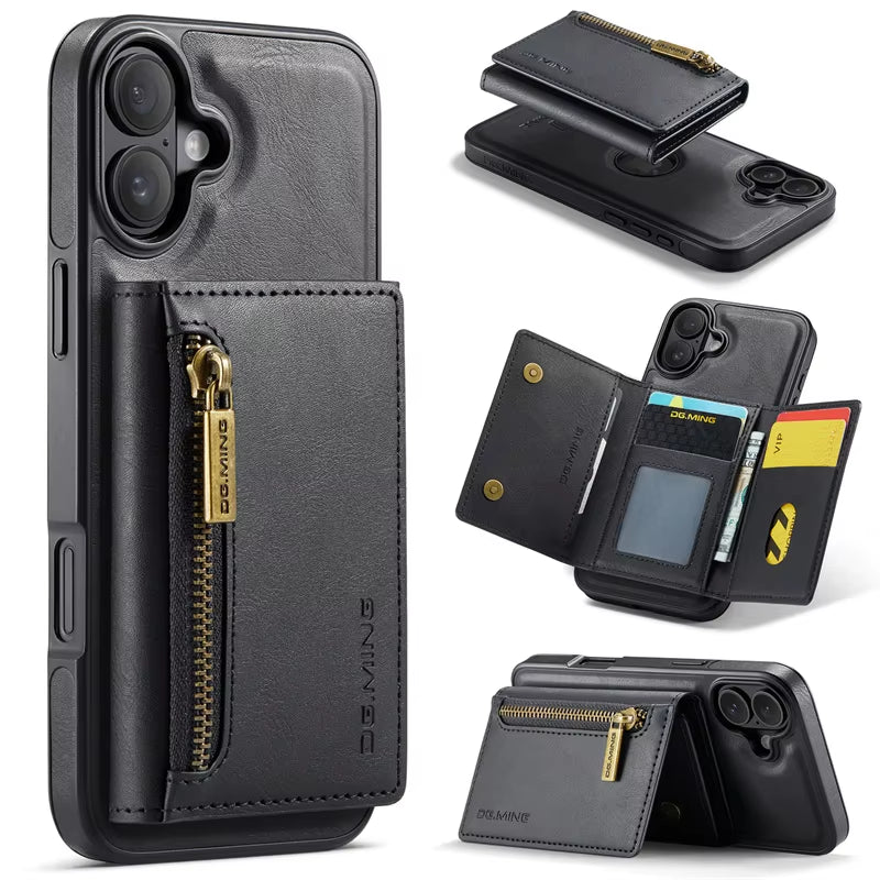 Premium Luxury Wallet Phone Case with Zipper 2 in 1 Detachable Wallet Case with Multi Card Slots for Iphone16 15 14 Pro Max