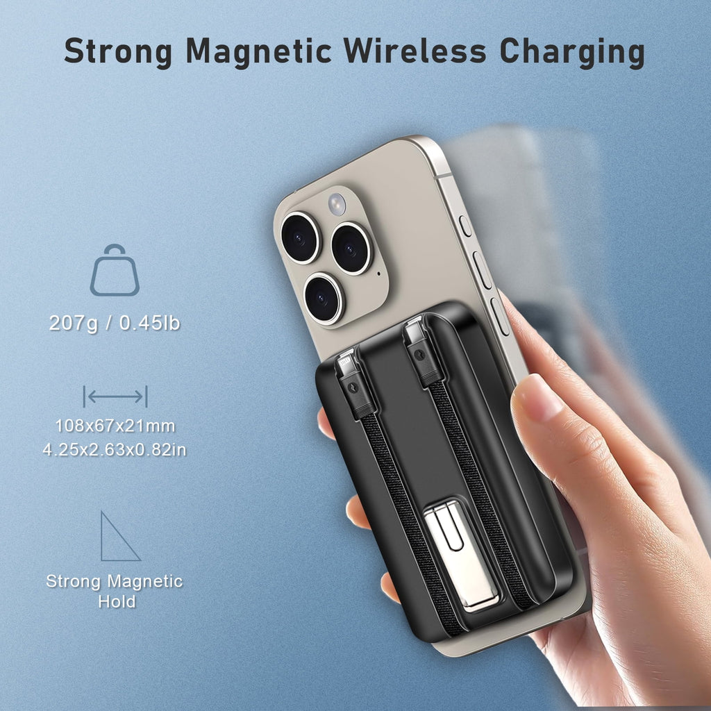 Magnetic Portable Charger, 10000Mah Power Bank with Built in USB-C & Lighting Cable, Foldable Stand 22.5W Fast Charging Battery Pack for Iphone 16/15/14/13/12 Series, Black