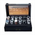 12 Slot Wooden Watch Case with Drawer and Glass Lid, 2-Layer Watch Holder for Jewelry and Watch Storage, Black