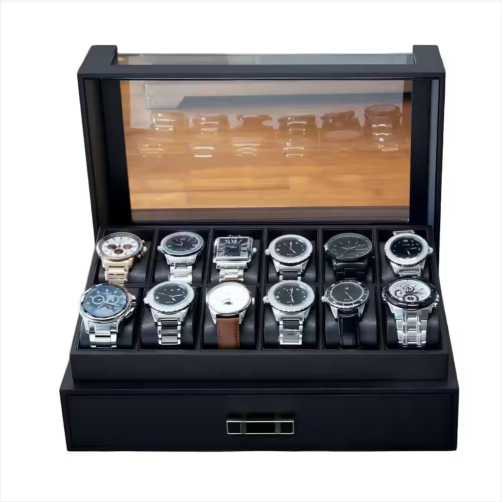 12 Slot Wooden Watch Case with Drawer and Glass Lid, 2-Layer Watch Holder for Jewelry and Watch Storage, Black