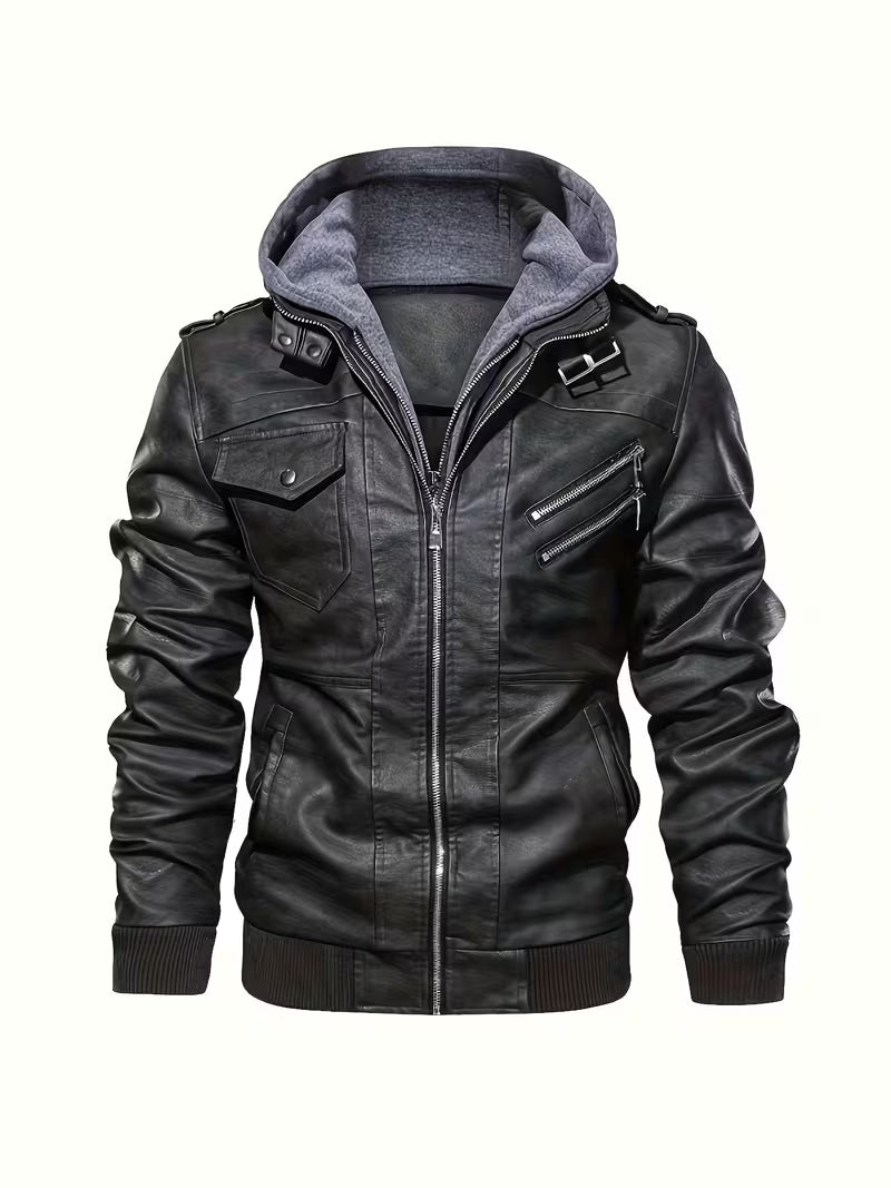 UCB "Vanguard Outlaw" PU Faux Leather Motorcycle Bomber with Removable Hood