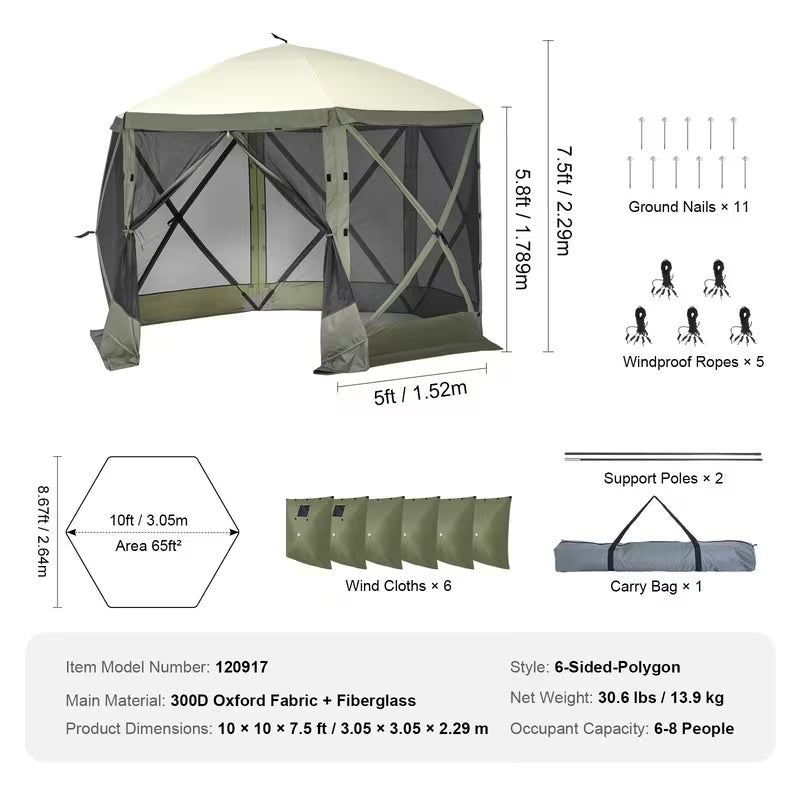 UCB "Aura Haven" 6-Sided Pop-Up Gazebo Screen Tent with 6 Privacy Wind Cloths & Mosquito Netting (10x10ft / 12.5x12.5ft)