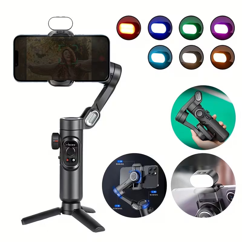 Gentleman Boutique "Aura Steady Pro" 3-Axis Foldable Smartphone Gimbal Stabilizer with RGB Magnetic Fill Light & AI Face Tracking