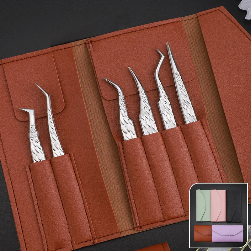6 Pcs High-Precision False Eyelash Tweezers Set for Beginner Fake Eyelash Extension Individual Curved Strip Nail Art Makeup Tool