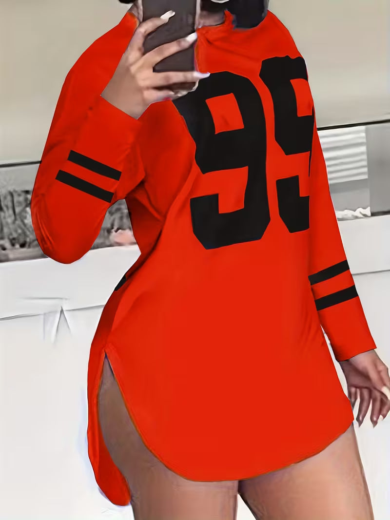 Avenue 99" Casual Over sized Long-Sleeve Blouse/Women's Oversized '99' Number Print Blouse - Long Sleeve Casual Loose Fit Swee Suitable for Year-Round Wear,