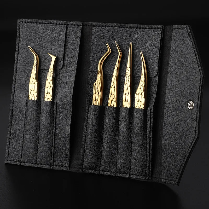 6 Pcs High-Precision False Eyelash Tweezers Set for Beginner Fake Eyelash Extension Individual Curved Strip Nail Art Makeup Tool