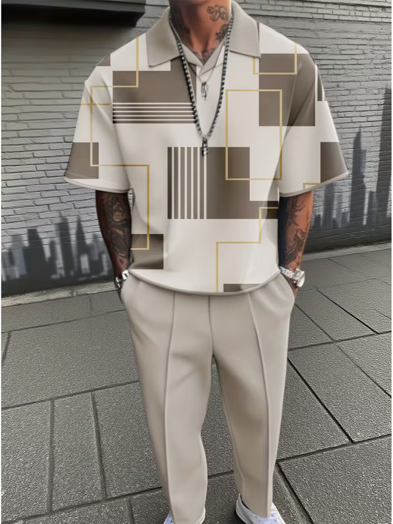 Men's New Simple Lapel Short-sleeved Shirt with Trousers Suit