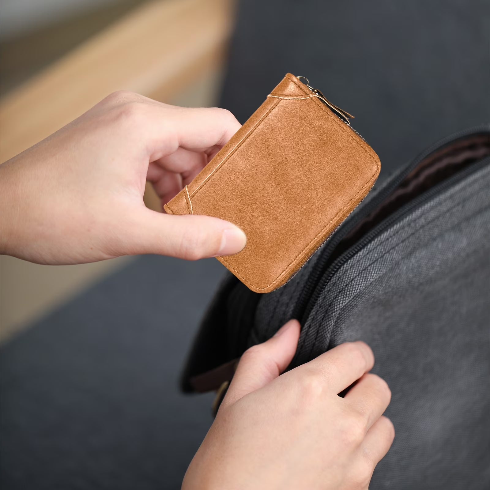Leather Credit Card Holder Wallet RFID Blocking Secure Card Case ID Case Organizer Zipper Wallet,Zipper Card Cases Holder for Women Man Khaki