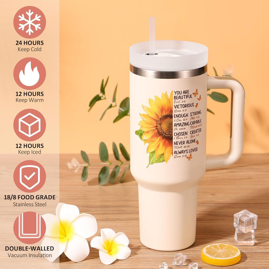 Christian Gifts for Women Faith, Religious Catholic Mothers Day Gifts for Women Mom Grandma Sister Coworker Inspirational Spiritual Sunflower Gift Birthday Gift for Woman with Makeup Bag 40 OZ Tumbler