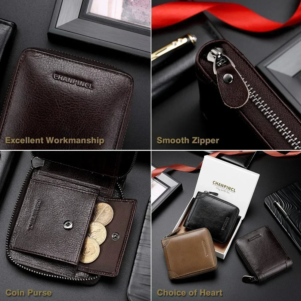 Genuine Cowhide Leather Wallets for Men Brands Luxury Card Wallet Men Card Holders with Coin Pocket Rfid Wallets Gifts for Men