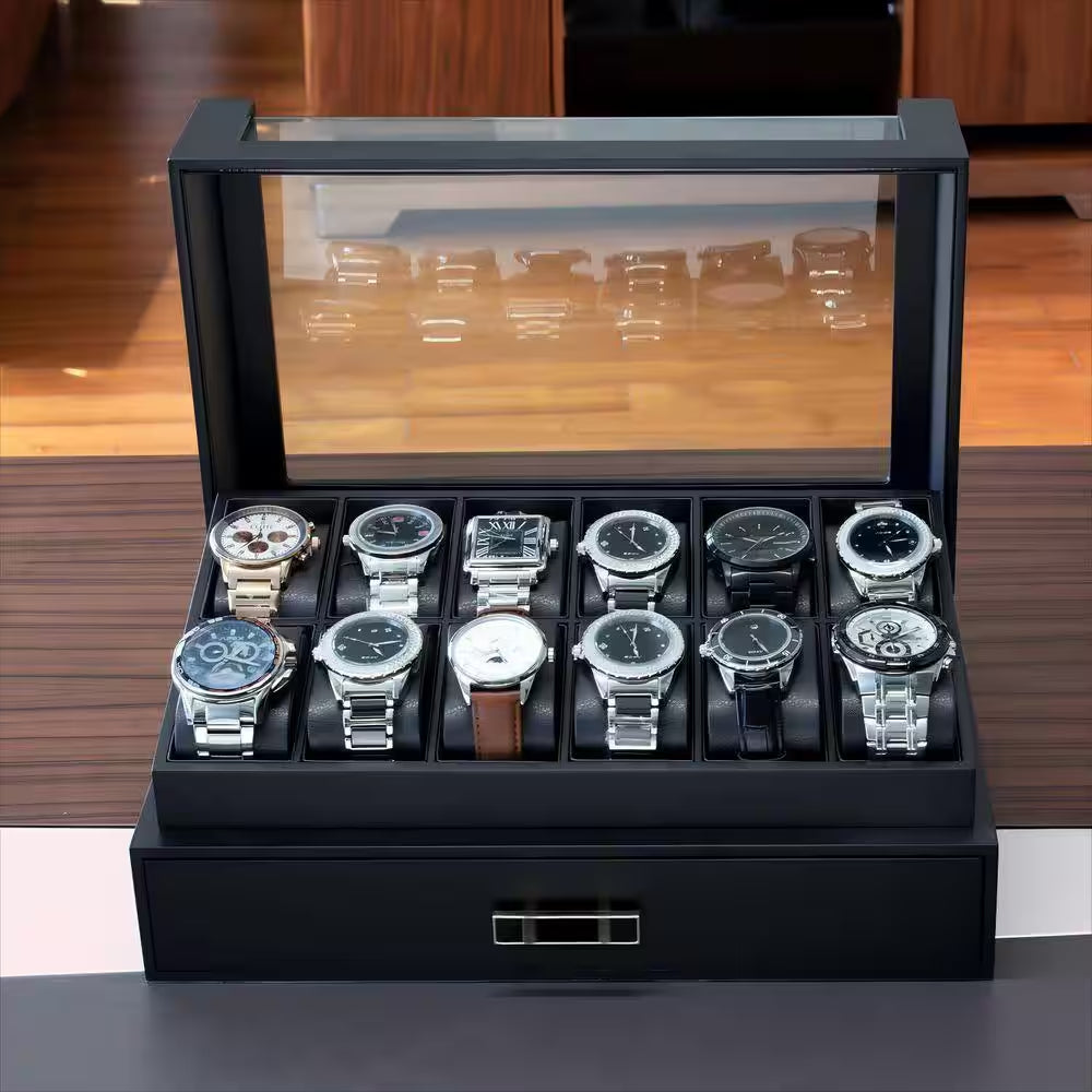 12 Slot Wooden Watch Case with Drawer and Glass Lid, 2-Layer Watch Holder for Jewelry and Watch Storage, Black