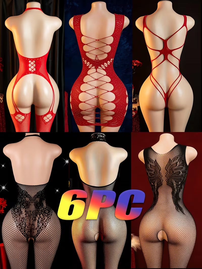 6-Pack Multi-Style See-Through Fishnet Bodysuits & Lingerie – High-Elastic Intimates & Roleplay Outfits