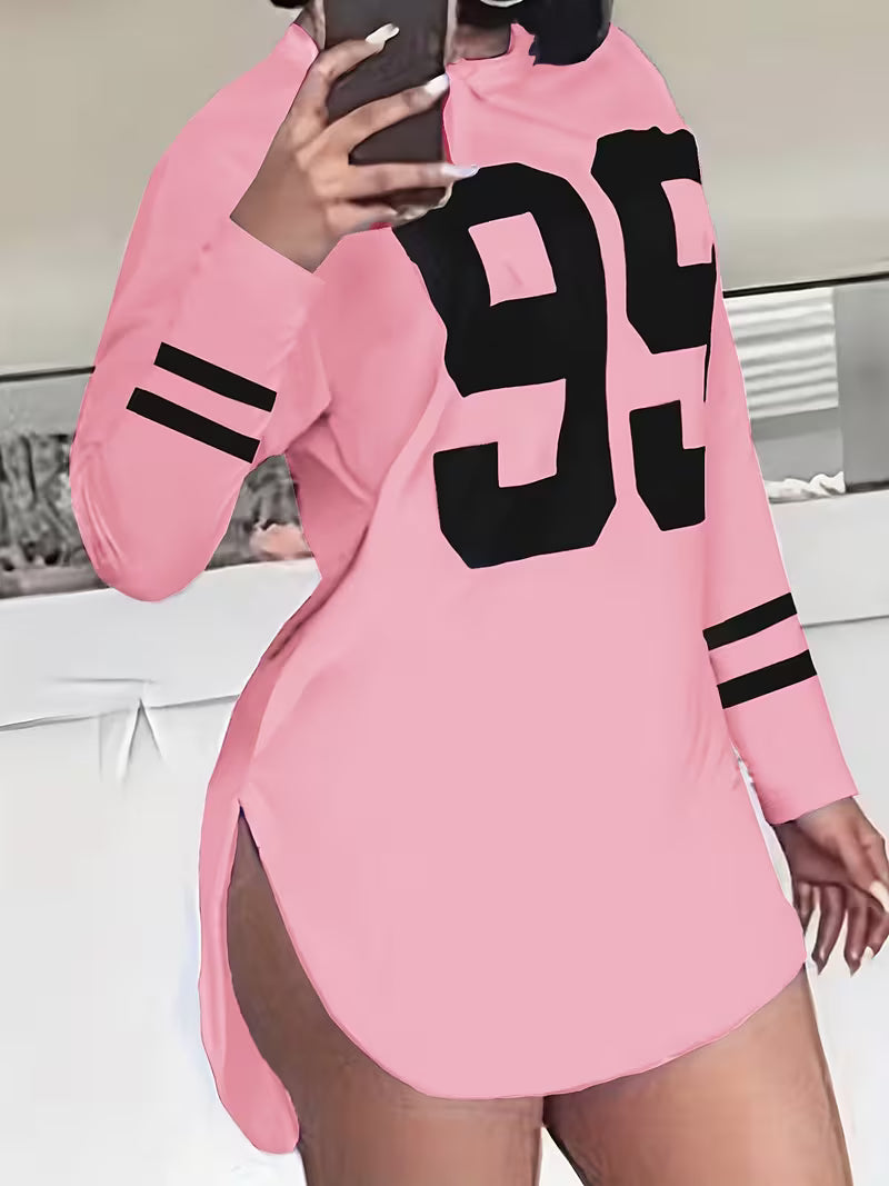 Avenue 99" Casual Over sized Long-Sleeve Blouse/Women's Oversized '99' Number Print Blouse - Long Sleeve Casual Loose Fit Swee Suitable for Year-Round Wear,