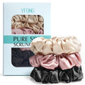 3 PCS 100% Mulberry Silk Scrunchies for Women Girls, 22 Momme Soft Hair Ties for Frizz & Breakage Prevention, Elastic Ponytail Holders Gentle and No Hurt, (Pink+Black+Champagne)