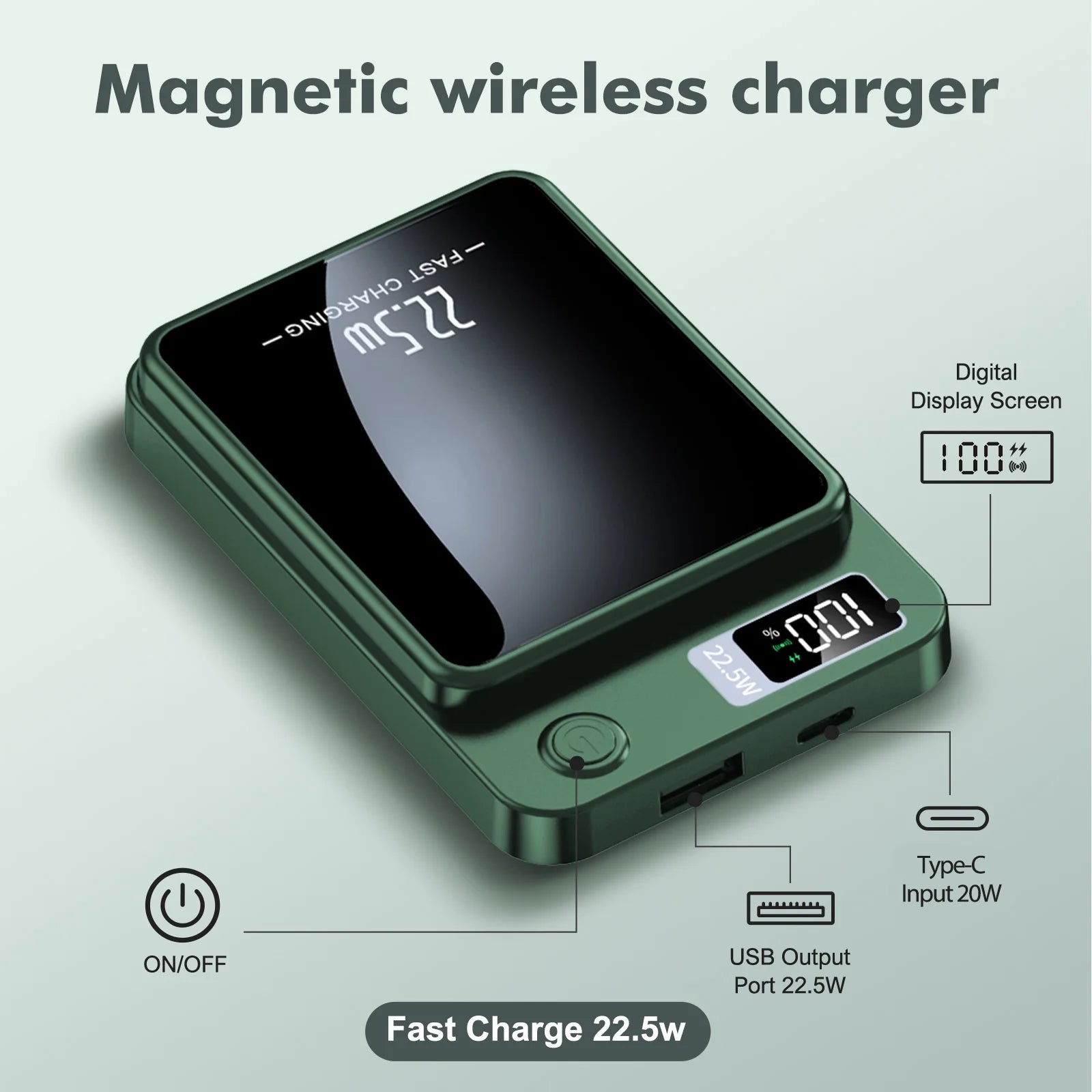 Power Bank,10000Mah 22.5W Fast Charging Portable Charger,2 in 1 Wireless Power Bank with LED Display Compatible with Iphone 8 above Series,Green