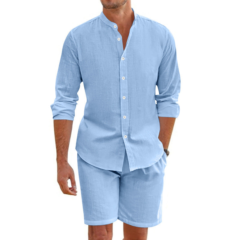 Summer Short Shirt Suit Fashion Lapel Button down Short Sleeve Top and Drawstring Shorts Beach Clothing for Men