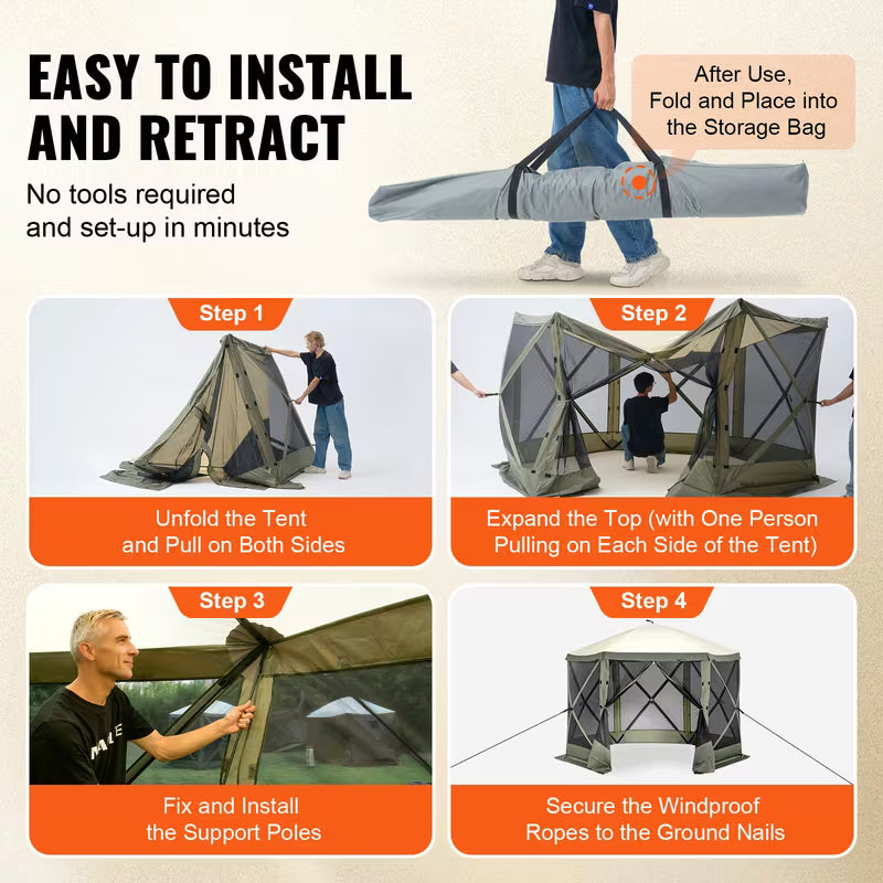 UCB "Aura Haven" 6-Sided Pop-Up Gazebo Screen Tent with 6 Privacy Wind Cloths & Mosquito Netting (10x10ft / 12.5x12.5ft)