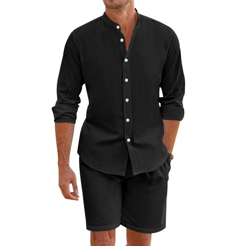 Summer Short Shirt Suit Fashion Lapel Button down Short Sleeve Top and Drawstring Shorts Beach Clothing for Men