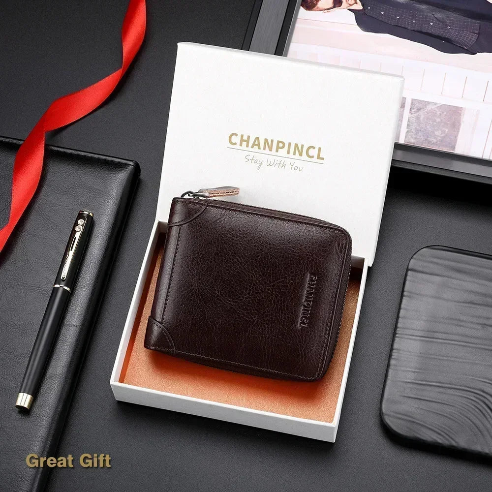 Genuine Cowhide Leather Wallets for Men Brands Luxury Card Wallet Men Card Holders with Coin Pocket Rfid Wallets Gifts for Men
