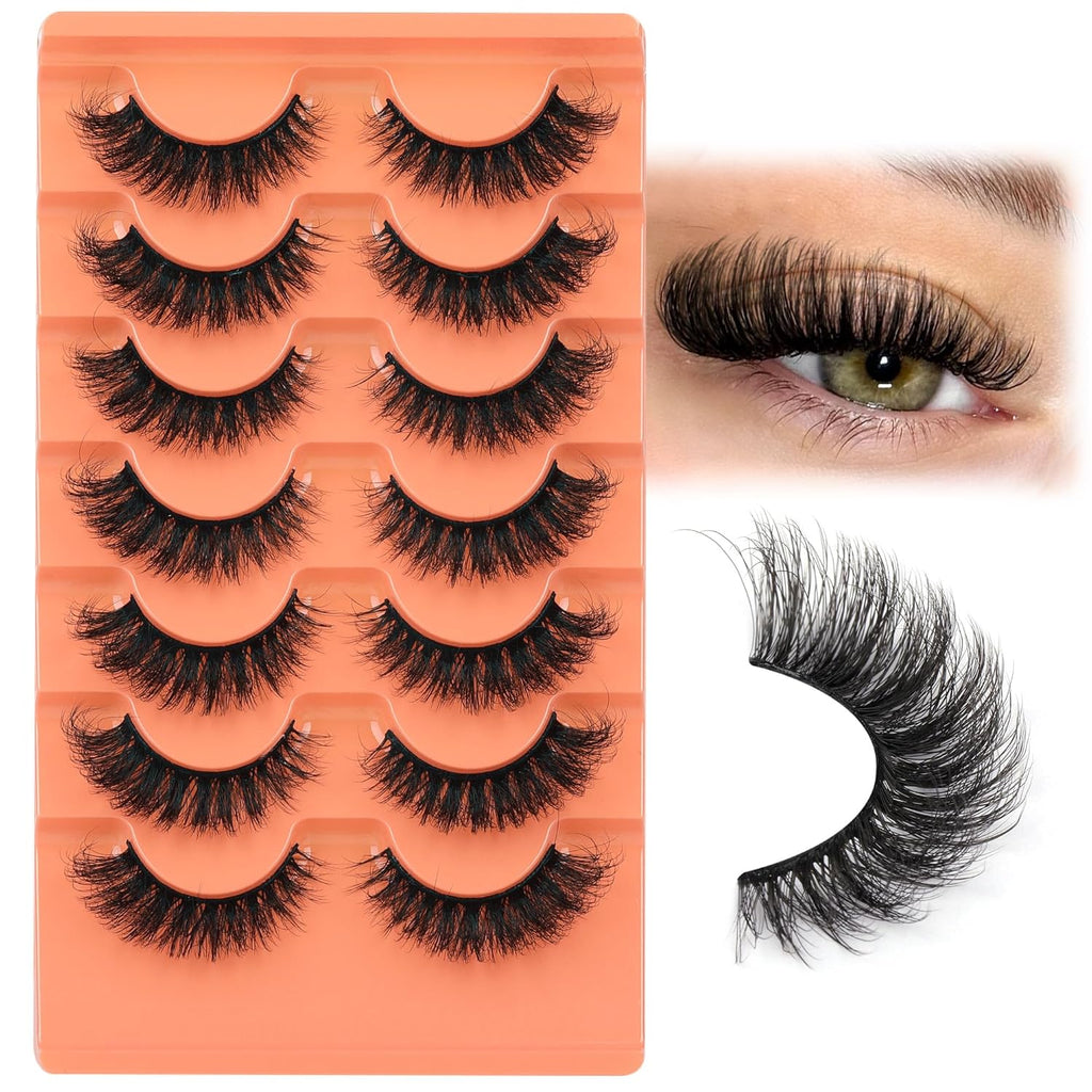 Fluffy Volume False Eyelash Cat Eye Lashes Thick Fake Eyelashes Dramatic Faux Mink Eyelash 9D Eyelashes 16Mm Eyelashes Pack 7 Pairs Lash Pack