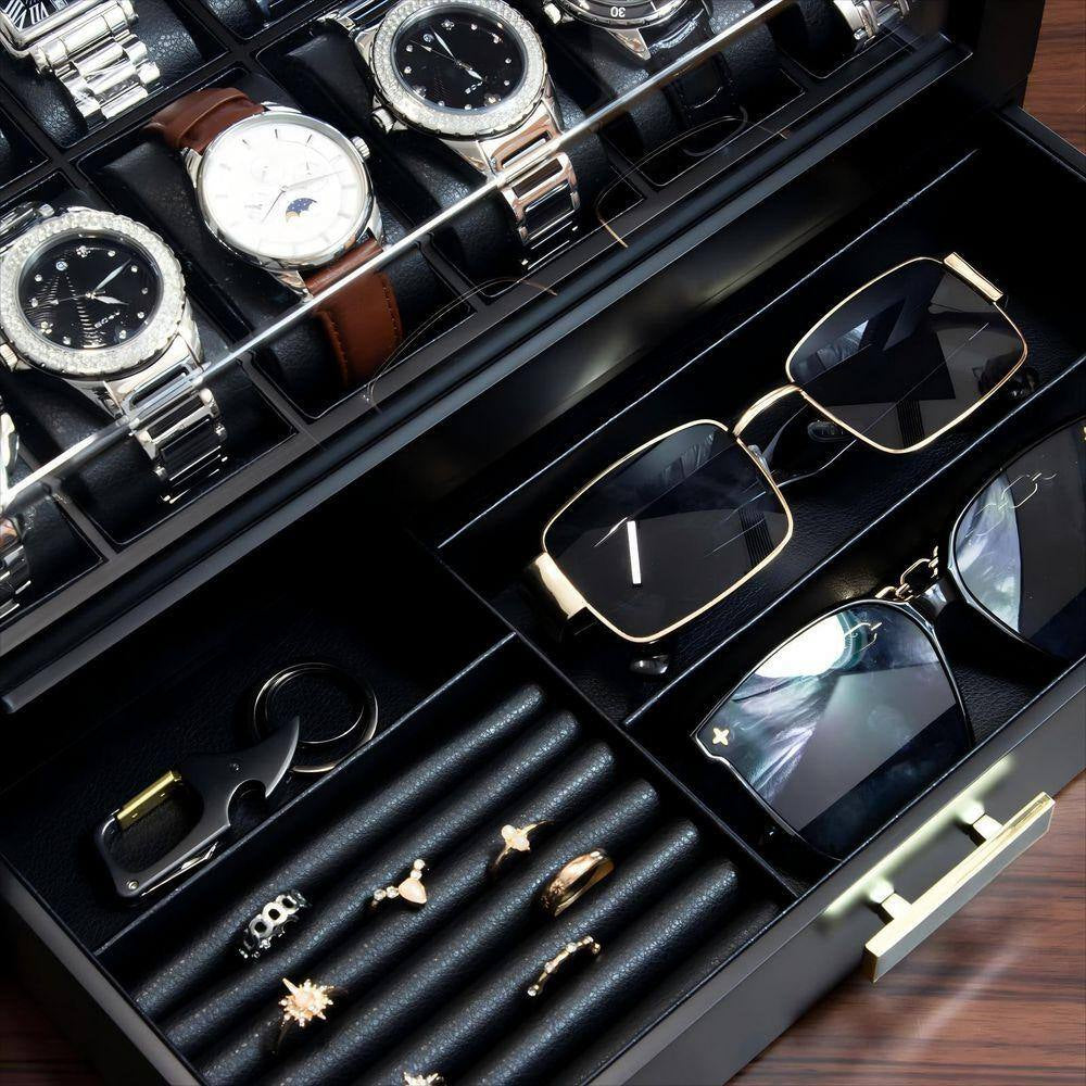 12 Slot Wooden Watch Case with Drawer and Glass Lid, 2-Layer Watch Holder for Jewelry and Watch Storage, Black