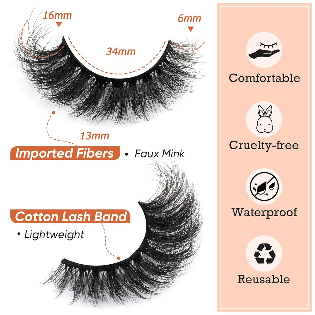 Fluffy Volume False Eyelash Cat Eye Lashes Thick Fake Eyelashes Dramatic Faux Mink Eyelash 9D Eyelashes 16Mm Eyelashes Pack 7 Pairs Lash Pack