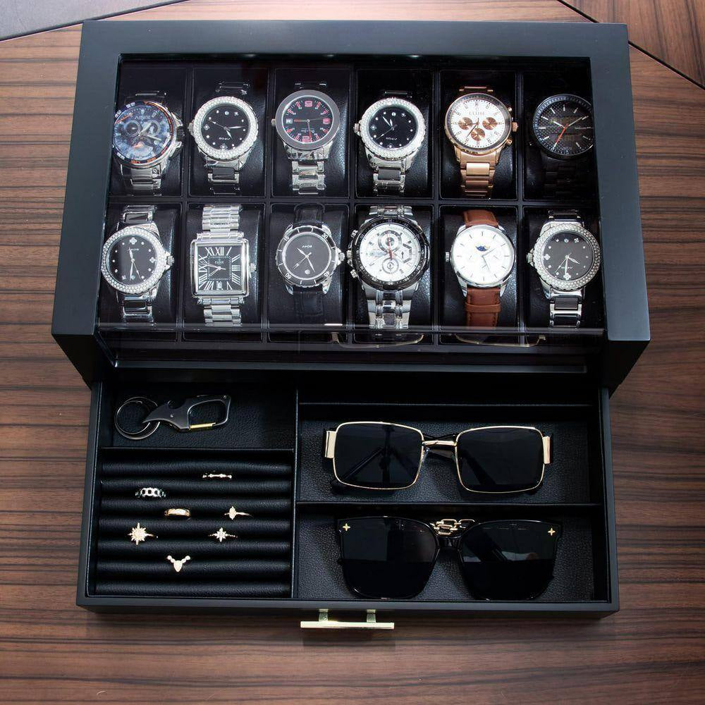 12 Slot Wooden Watch Case with Drawer and Glass Lid, 2-Layer Watch Holder for Jewelry and Watch Storage, Black