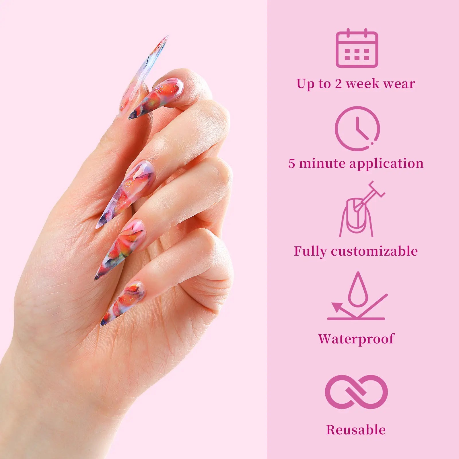 Nailuvia Bangle Nail D082 Mid-Square (1.3 Inch) 10Pcs Bangle Nails Y2K Sweet Cool Luxury Style Handmade Acrylic Press on Nails, 1.3 Inch Medium Square Shape, with a Smooth, Glossy Finish for a Comfortable Fit,Valentine'S Day, Reusable and Durable