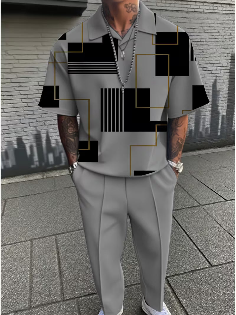 Men's New Simple Lapel Short-sleeved Shirt with Trousers Suit
