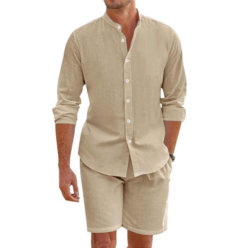 Summer Short Shirt Suit Fashion Lapel Button down Short Sleeve Top and Drawstring Shorts Beach Clothing for Men
