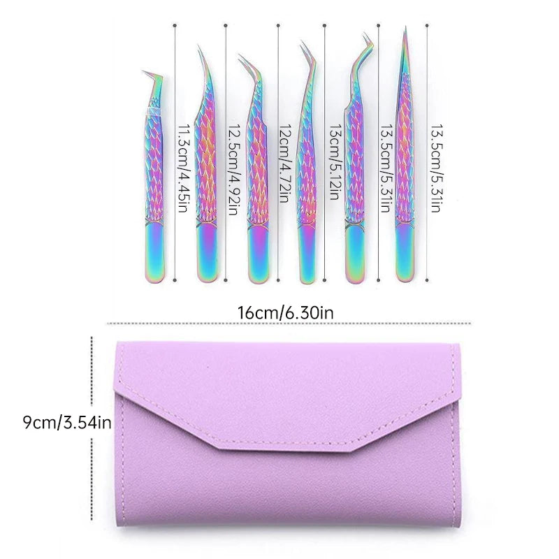6 Pcs High-Precision False Eyelash Tweezers Set for Beginner Fake Eyelash Extension Individual Curved Strip Nail Art Makeup Tool