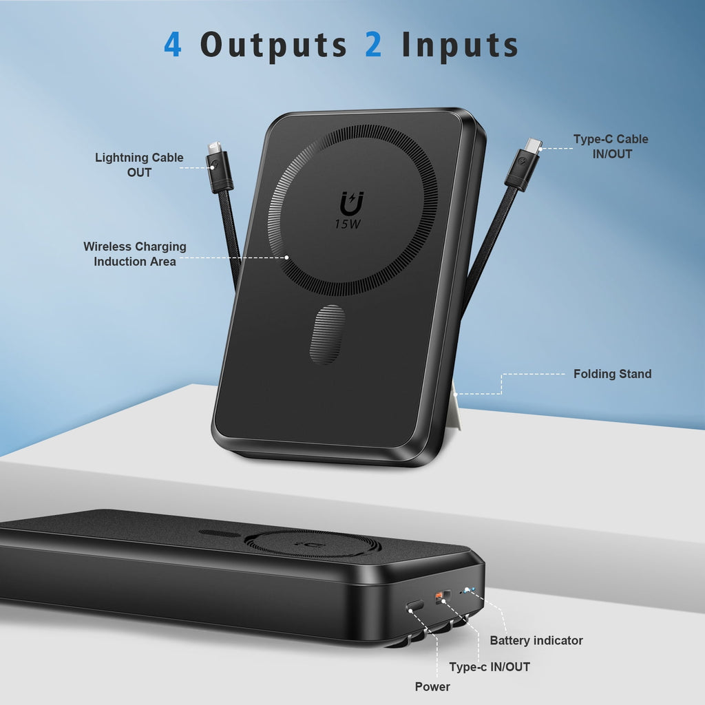 Magnetic Portable Charger, 10000Mah Power Bank with Built in USB-C & Lighting Cable, Foldable Stand 22.5W Fast Charging Battery Pack for Iphone 16/15/14/13/12 Series, Black