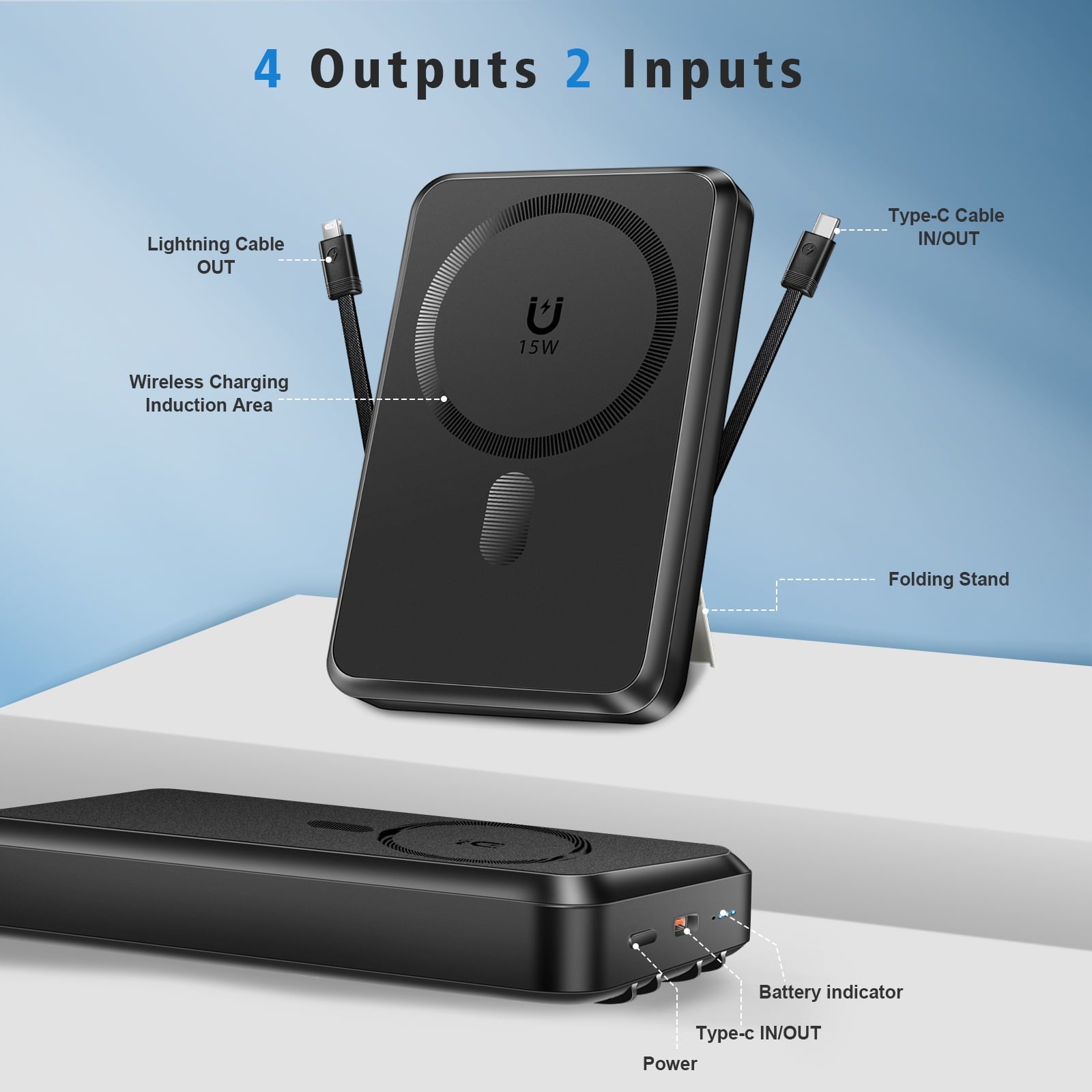 Magnetic Portable Charger, 10000Mah Power Bank with Built in USB-C & Lighting Cable, Foldable Stand 22.5W Fast Charging Battery Pack for Iphone 16/15/14/13/12 Series, Black