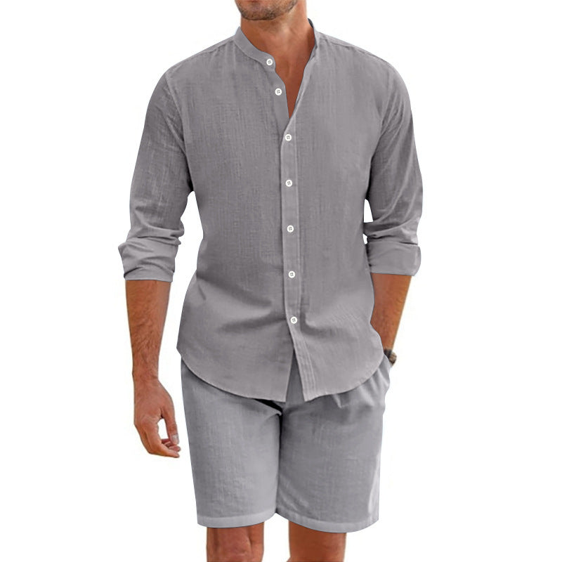 Summer Short Shirt Suit Fashion Lapel Button down Short Sleeve Top and Drawstring Shorts Beach Clothing for Men