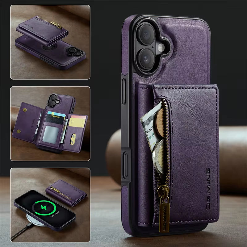 Premium Luxury Wallet Phone Case with Zipper 2 in 1 Detachable Wallet Case with Multi Card Slots for Iphone16 15 14 Pro Max