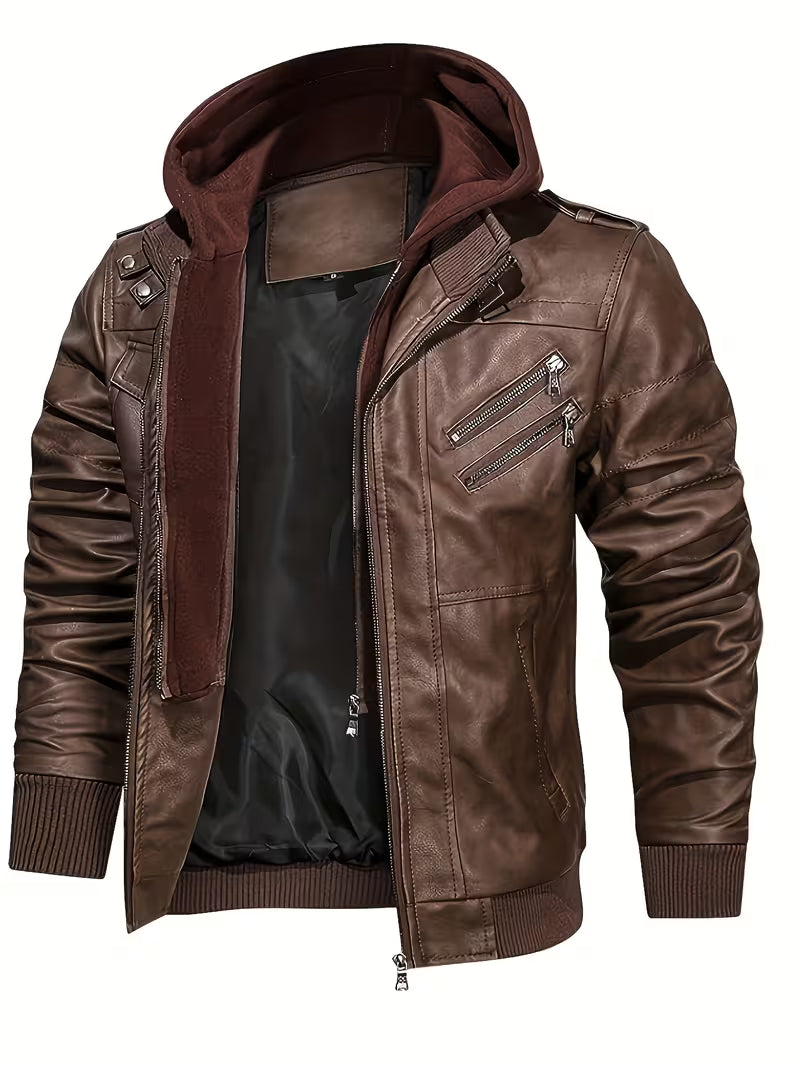 UCB "Vanguard Outlaw" PU Faux Leather Motorcycle Bomber with Removable Hood