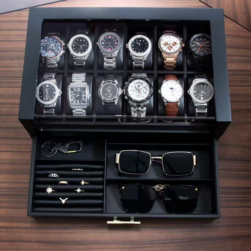 12 Slot Wooden Watch Case with Drawer and Glass Lid, 2-Layer Watch Holder for Jewelry and Watch Storage, Black