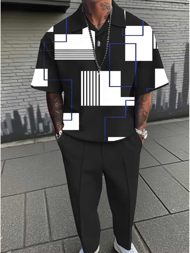 Men's New Simple Lapel Short-sleeved Shirt with Trousers Suit