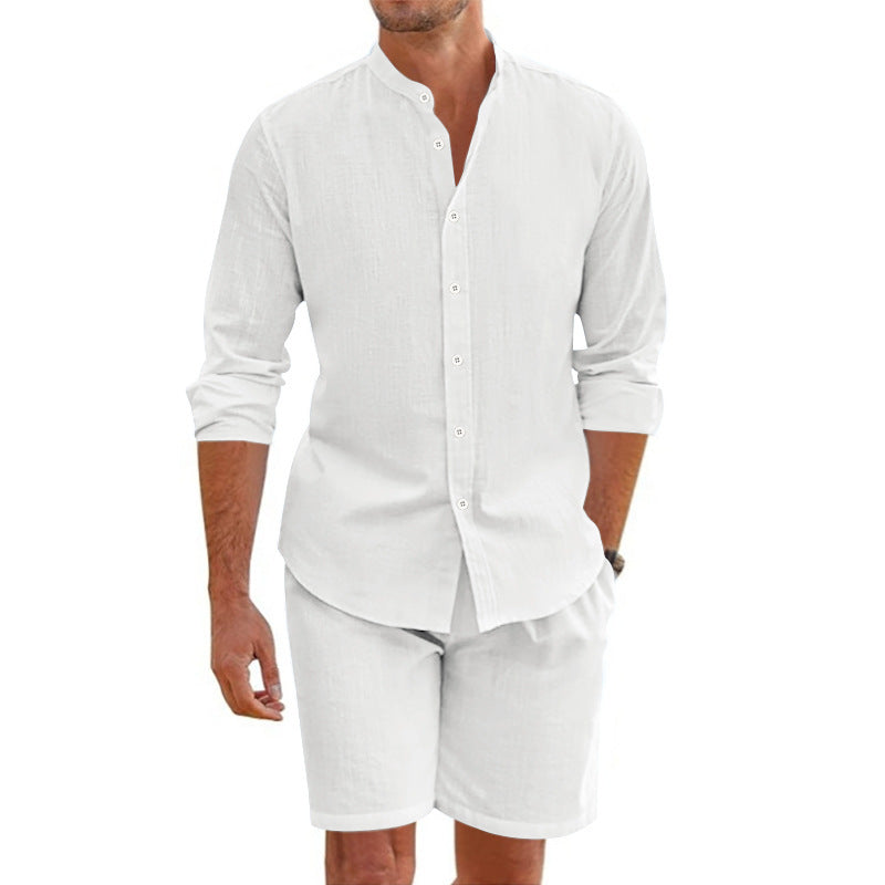 Summer Short Shirt Suit Fashion Lapel Button down Short Sleeve Top and Drawstring Shorts Beach Clothing for Men