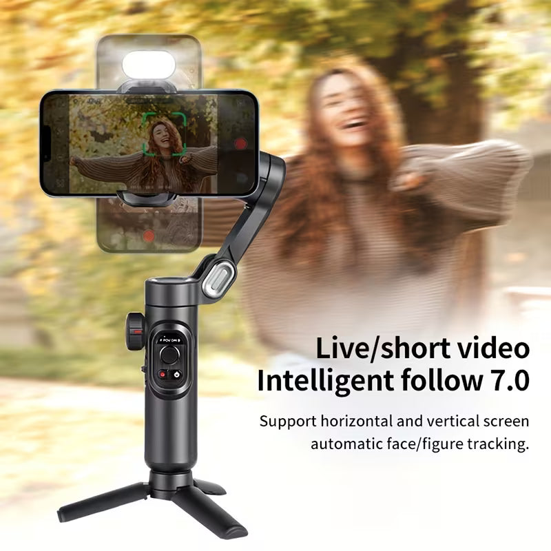 Gentleman Boutique "Aura Steady Pro" 3-Axis Foldable Smartphone Gimbal Stabilizer with RGB Magnetic Fill Light & AI Face Tracking