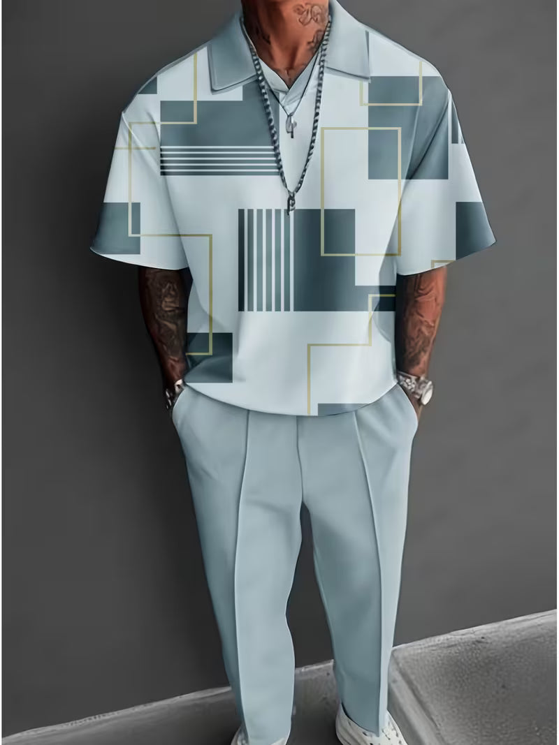 Men's New Simple Lapel Short-sleeved Shirt with Trousers Suit