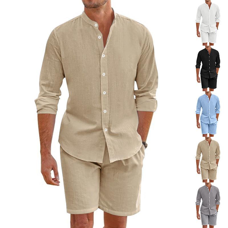 Summer Short Shirt Suit Fashion Lapel Button down Short Sleeve Top and Drawstring Shorts Beach Clothing for Men