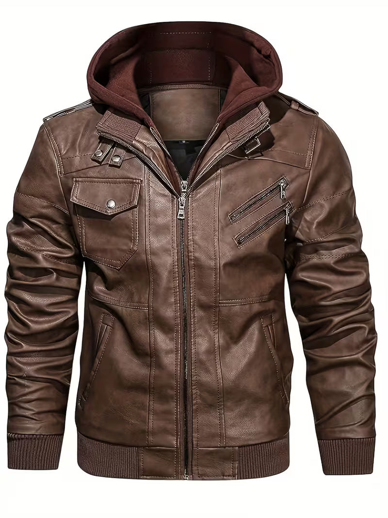 UCB "Vanguard Outlaw" PU Faux Leather Motorcycle Bomber with Removable Hood